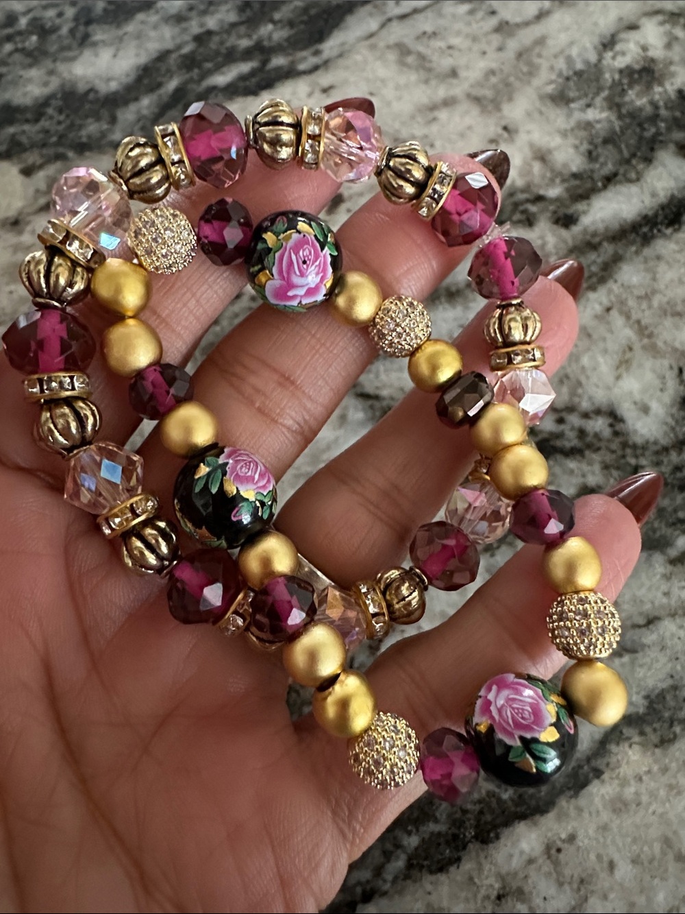 Floral Rose Gold & Pink Stretch Bracelet Set - Women Jewelry
